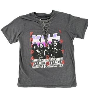 Distressed Heavy Metal Rock Band T-Shirt Women's M KISS Lace Up V-Neck Gray